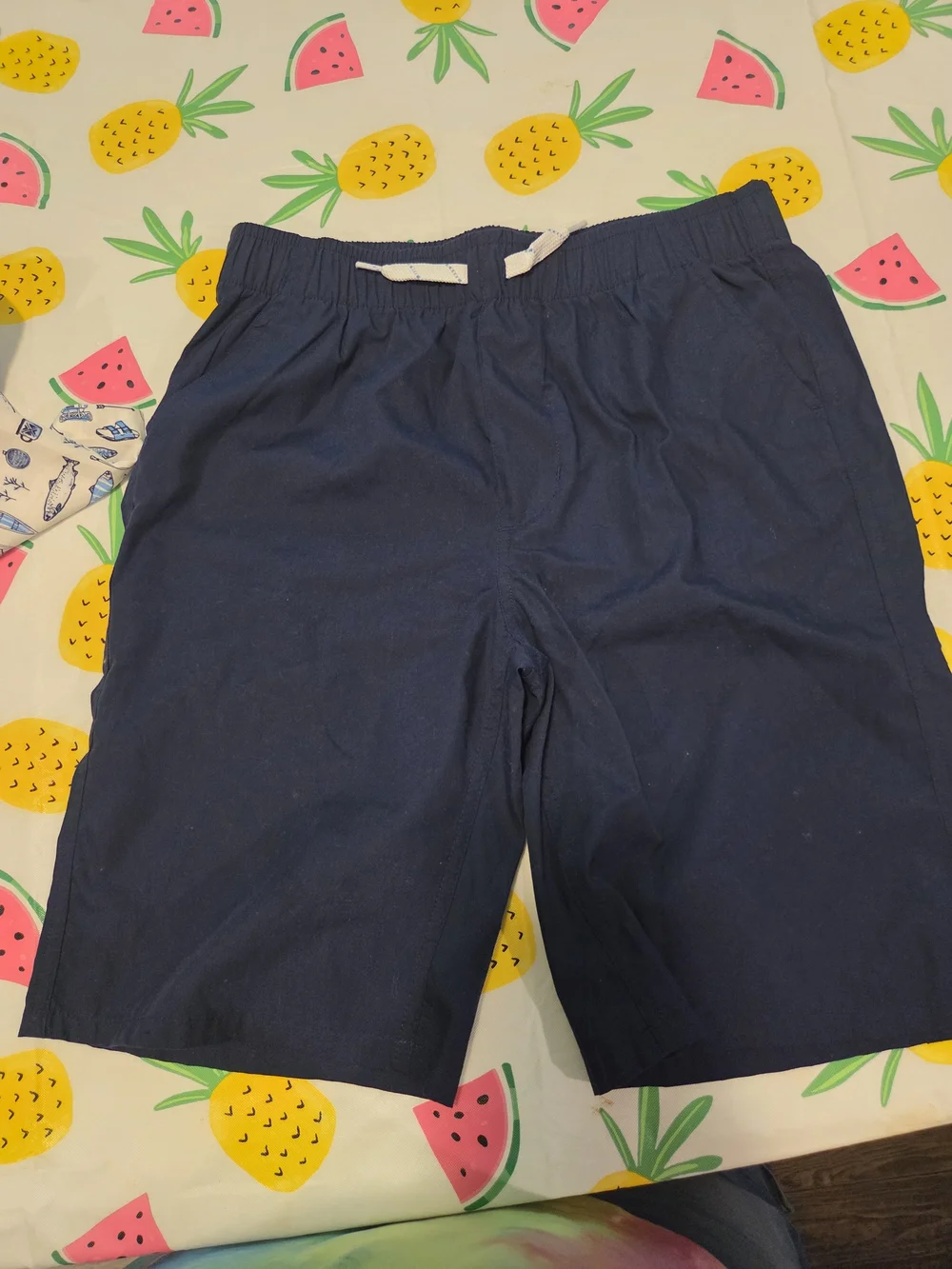 Eddie Bauer Outfit With Button Up Fish Print Shirt And Elastic Shorts